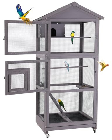Wooden Large Bird Cage with Wheels – Mobile Outdoor Aviary with Play Stand, Perches & Nest, Easy-Clean Mesh Design