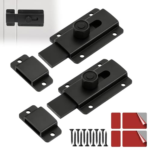 2 Pcs Door Bolt Lock with Screws, Heavy-Duty Sliding Bolt Lock for Bedroom Door Bathroom Garden Garage Cabinet Kitchen Office Rust-Resistant and Durable (Black)