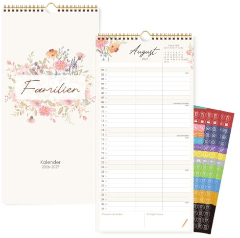 KONVINIT Calendrier Familial 2026-2027, 18 Mois Calendrier Mural Vertical 21x42cm, 3 Colonnes, 60+ Autocollants, Reliure Spirale Dorée