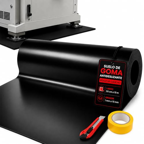 Suelo de Goma Antideslizante SBR en Rollo de Caucho, Color Negro, Liso, 140 cm Ancho x 200 cm Largo x 3 mm Grosor, Duradero, Ideal para Garaje, Taller y áreas de Trabajo Industrial + Cúter y Cinta