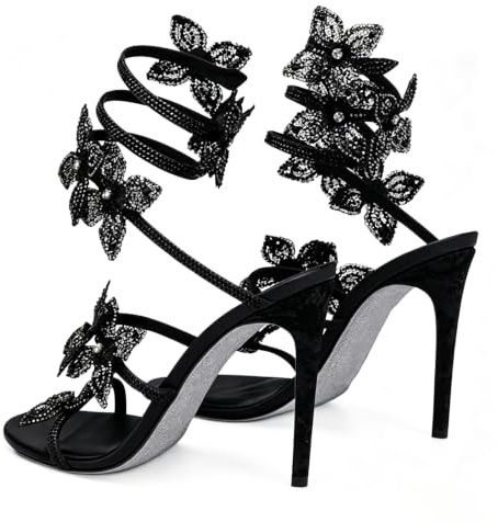 Sandales Spirale Strass Fleur Talon Aiguille Cheville Mariage Soirée | Spirale cheville strass fleur, bout ouvert rond ajustable sandales à talons aiguilles sexy(Black,40 EU)