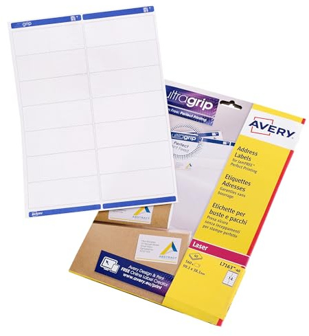 Avery Självhäftande adressetiketter, laserskrivare, 14 etiketter per A4-ark, 560 etiketter, UltraGrip (L7163), vit