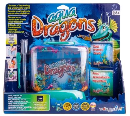 Aqua Dragons Underwater World, kit de juguetes educativos, tanque colorido, eclosiona y cultiva mascotas acuáticas vivas con tanque, huevos, comida, cuchara, para niños de 6 años en adelante.