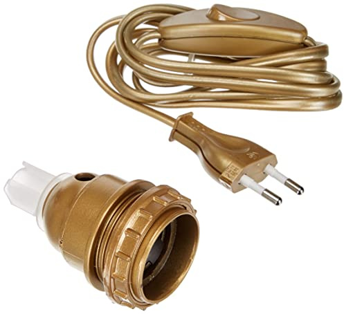 Tibelec 859530 - Adattatore a bottiglia E27, con interruttore + spina, colore: Oro, plastica