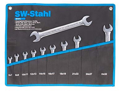 SW-Stahl 00151L Doppelgabelschlüsselsatz - 10-teilig Schraubenschlüssel Set | Chrom-Vanadium Doppelmaulschlüssel-Set 6-32 mm - 15° abgeschrägte Köpfe - Schlanke Form für minimalen Raumbedarf