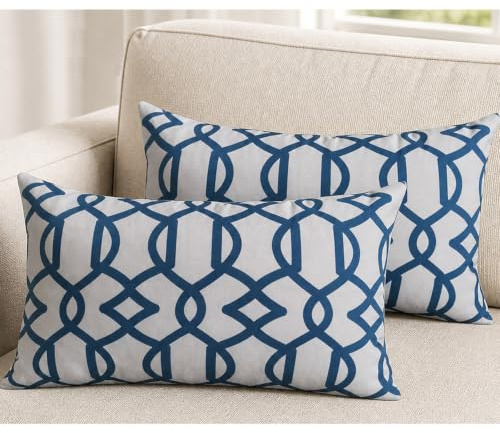 Aitliving Capri Trellis Geometric Chains Dusky Blue Print 12X20 Throw Pillow Cover Twill Polyester Cotton Print Accent Lumbar Decorative Pillowcase Grey Blue 30X50cm Bolster Pillow Cushion Cover