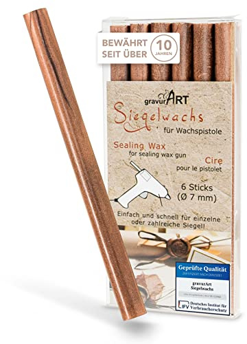 gravurART Siegelwachs flexibel für Wachspistole - Stilvoll Briefe versiegeln mit dem 6er Pack Wachs für Siegelstempel in Kupfer - 7 mm