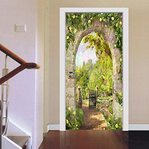 XXXCH 3D Türbild -Steinsäule Blick auf den Garten 77x200cm Türtapete Selbstklebend Wasserdicht PVC TürPoster Fototapete Holzwand Türaufkleber Wandbild Für Tür Wohnzimmer Schlafzimmer Küche Un