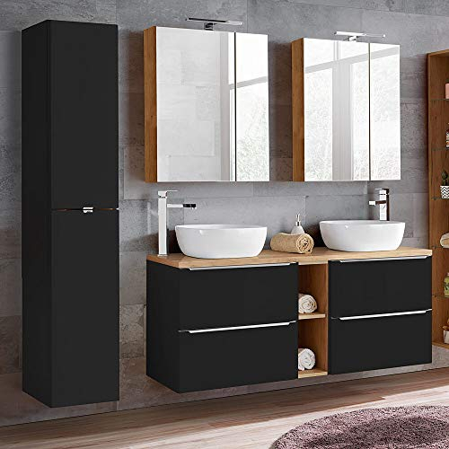 Lomadox, set di mobili da bagno, 140 cm, doppio lavabo con ripiano in ceramica, armadietto alto, 2 armadietti a specchio a LED, satinato, antracite