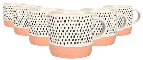 Nicola Spring Ceramic Coffee Mugs Set - 385ml - 6pc Pink Dipped Dots Stoneware Coffee Cups Dishwasher & Microwave Safe Large Tea Mugs for Hot Drinks, Hot Chocolate, Tea