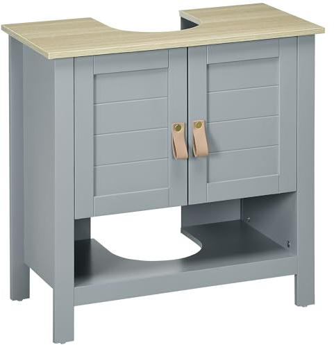 kleankin Armario para Debajo de Lavabo con 2 Puertas 60x30x60 cm Gris | Compacto, Estante Interior Ajustable, Mueble Auxiliar de Almacenamiento, para Baño