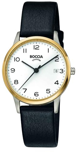 Boccia Damen Armbanduhr mit Gehäuse aus Titan, in der Farbe: Gold, Armband aus: schwarzem Leder, Gehäusedurchmesser: 32.2 mm, 3310-04