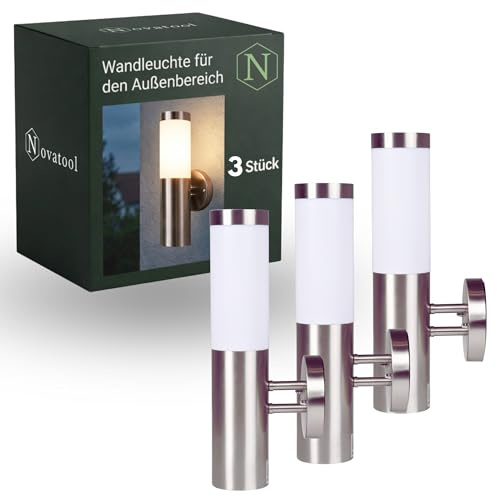 Novatool 3x Außenlampe Edelstahl IP44 I E27 Sockel I 7,8x14,5x36 cm I Außenleuchten Wandleuchten außen Wandstrahler Außenbeleuchtung Outside lights Terrassenbeleuchtung Terrassenlampe