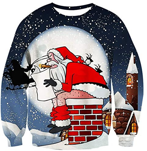 Fanient Chandails de Noël pour Hommes Imprimé 3D Motif Satan Claus à Manches Longues Hommes Cheminée Père Noël Pull XXL