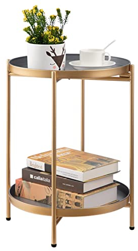 HollyHOME Beistelltisch Rund Gold Metall Balkontisch Klein Couchtisch 2 Ebenen Nachttisch Sofatisch Beistelltisch für Wohnzimmer Schlafzimmer Outdoor Terrasse, Grau&Gold