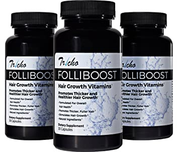 Folliboost Tricho Hair Growth Vitamins - Biotin, Vitamin C, Zinc & Vitamin B12 - Hair Care Capsules for Thicker, Fuller & Healthier Hair - 3 Pack