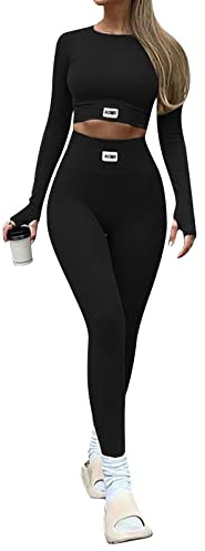 XIXIMAON Ensemble de vêtements de sport pour femme, 2 pièces avec haut court et taille haute pour course à pied, yoga, fitness (Noir, S)