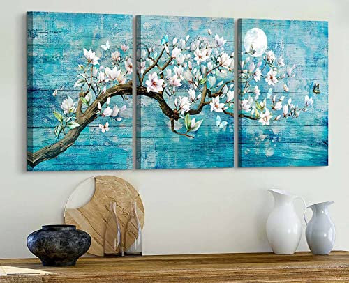 GIFTTWART Blue Wall Art Cherry Blossom Flower Canvas Panel Living Room Wall Paintings Blue Art Flower Butterfly Moon Pictures Canvas Wall Decor for Bedroom Bathroom Home Decor 36x16in