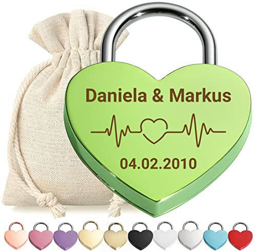Cadenas d'amour en forme de cœur gravé vert – Motif fréquence cardiaque – Personnalisé – Sac en tissu blanc – Idée cadeau Saint Valentin – Cadeau de couple – Personnalisé – Personnalisé – Personnalisé