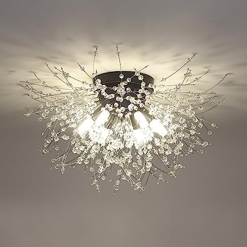 HMVPL Black Ceiling Light Fixture,6-Light Firework Sputnik Flush Mount Ceiling Light with K9 Crystal String,Modern Close to Ceiling Light for Bedroom Bathroom Hallway Kitchen Entrance Closet