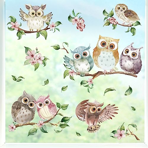 decalmile Fensteraufkleber Eulen auf Ast Fenster Abziehbilder Blumen Pflanzen Vögel Anti-Kollision Fensterfolie Glas Fensterdeko Aufkleber