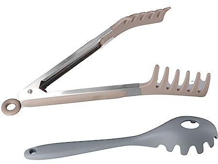 2 Pcs Silicone Spaghetti Tongs Pasta Server Set, Non-Slip Pasta Fork Food Serving Tongs, Heat Resistant Noodles Slot Spoon Ladle Kitchen Gadget(grey)