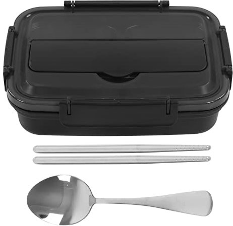 Bento Box Aus Edelstahl für Erwachsene und Kinder, (4 Fächer), Lunchbox Ohne Faden Geschmack, mit Löffel und Stäbchen, Leicht zu Reinigen für Schule, Büro, Reisen Oder Picknick(Schwarz)