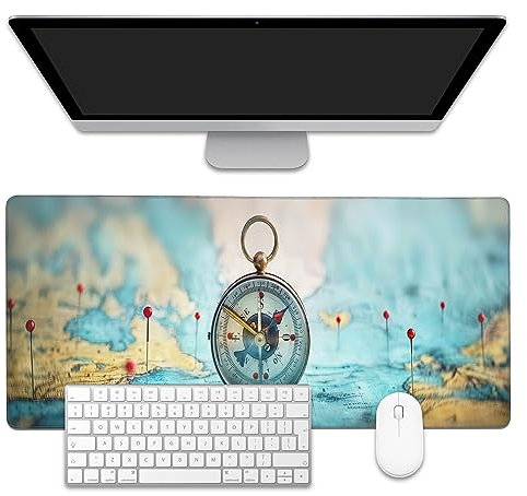 EOBKLAX Mauspad, Kompass auf Weltkarte, Schreibtischunterlage für Desktop, Schreibtischunterlage mit rutschfester Unterseite und genähtem Rand, erweitertes Mauspad für Büro und Zuhause, 90 x 40 cm