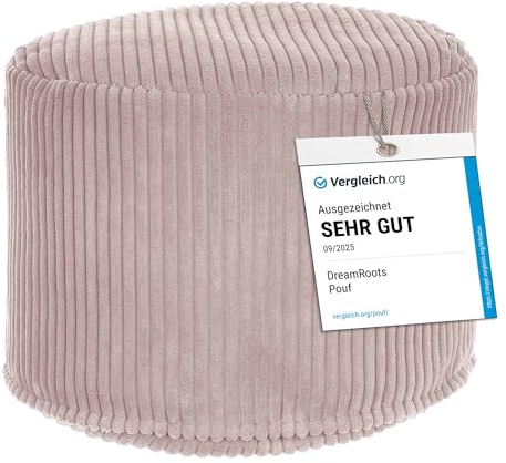 DreamRoots Cord Pouf Hocker rund 35x35x25 cm, Silver Pink | Runder Bodenstuhl, Sitzkissen Boden, 380 g/m², für Wohnzimmer, Schlafzimmer & Homeoffice, waschbar, Fußhocker
