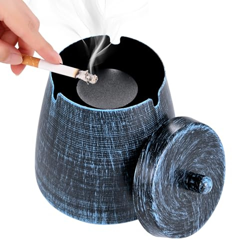Hargtar Outdoor Ashtrays for Patio with Lid, Ash Trays with Covers, Ashtray Odorless, Ash Tray Sets for Cigarettes, Outside Covered Stainless Steel Iron Windproof Tabletop