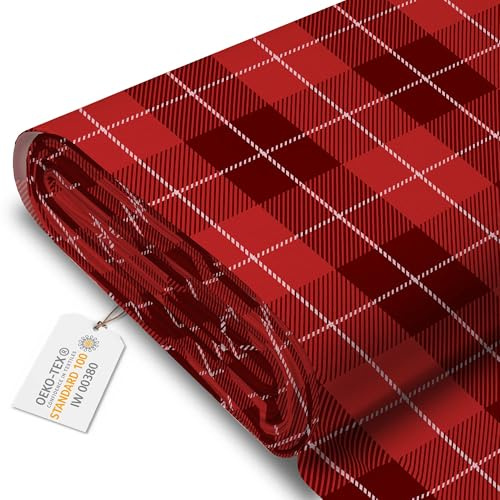 DreamRoots Oxford Weihnachtsstoff Meterware, Christmas Red Checker | wasserdicht, wasserabweisend, Deko-Stoff, OEKO-TEX, 220 g/m² 600D, Weihnachtsmotiv, zum Nähen & Basteln