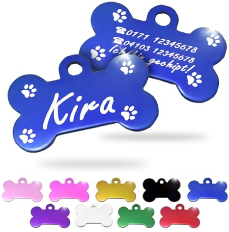 Ibera gifts - Hundemarke mit Gravur und personalisierte Hundemarke in Knochenform für kleine bis mittelgroße Hunde und Katzen (Blau, Pfoten)
