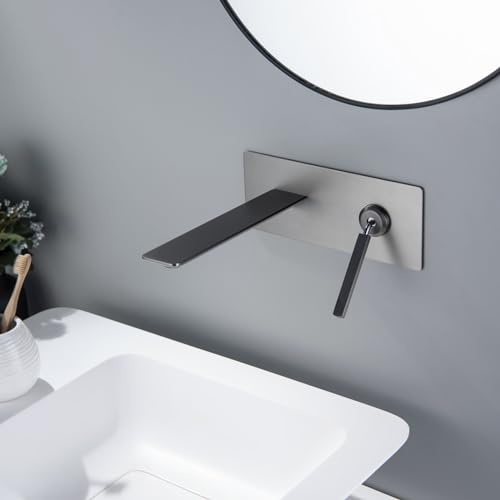 BiaoTeng Wasserhahn Wandmontage Unterputz 2 loch Heiß und Kalt Messing Einhandmischer Armatur Bad Mischbatterie für Waschbecken Wand Grau