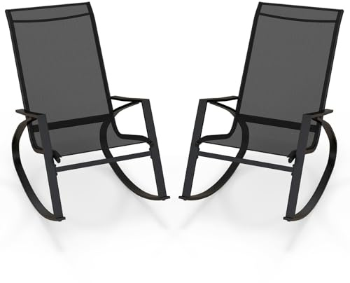 COSTWAY 2 Pieces Garden Rocking Chairs, Outdoor Rocking Armchairs with Non-Slip Rubber Mats, Metal Frame Patio Rocker for Relaxing, Black