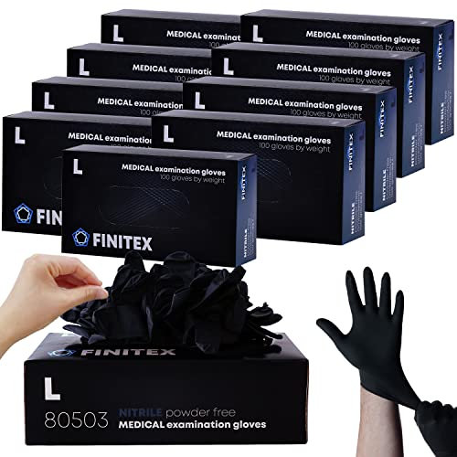 FINITEX Gants Jetables Noirs en Nitrile L, 5.0g/pcs, 1000pcs, Gants Jetables sans Poudre sans Latex pour Aliments Nettoyage Tatouage Jardinage Examen Médical, 5mil