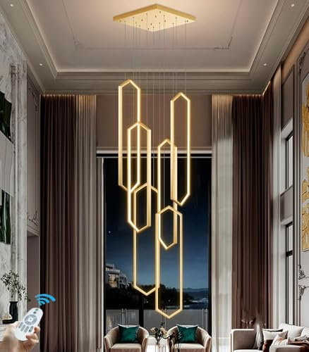 CNMKLM 6-Ringe LED-Pendelleuchte,Moderne Dimmbare Rechteckige Hängelampe,Extra Großer Hängeleuchte Für Hohe Decke Kronleuchter Für Villa Wohnzimmer Treppenhaus Lobby Foyer Eingang(Gold,80 x 20 x 300CM