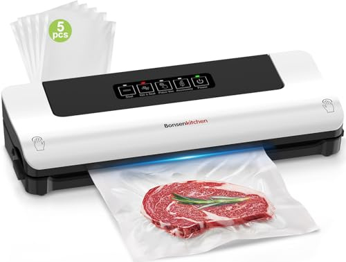 Bonsenkitchen Envasadora al vacío compacta - sellado rápido al vacío, adecuada para sous vide, carne, queso y preparación de alimentos - Prolongar eficazmente la vida útil de los alimentos