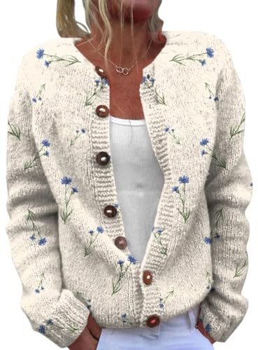 Onsoyours Femme Cardigan Manches Longues Mode Veste Courte Lâché Gilets en Tricot Imprimé Chandail Chaud Bouton Ouvert Blouson Sweater Automne Hiver Manteau Chaud A Beige 01 XXL