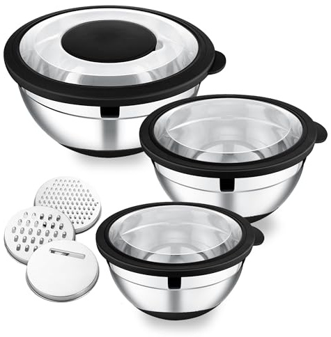 Herogo Rührschüssel 3er Set, Edelstahl Schüssel mit Transparenter Luftdichtem Deckel & 3 Reibeaufsätzen, Metall Salatschüssel für Küche Mischen Backen, 4,5L/3L/1,2L, Spülmaschinenfest, Schwarz