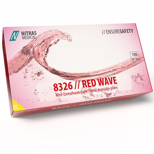 MCD MEDICAL CARE DENTAL GmbH Nitras Red Wave - Guantes desechables de nitrilo, color rojo (código de colores: 6000), no estériles, sin polvo, fabricados según la norma EN 455, para contacto con