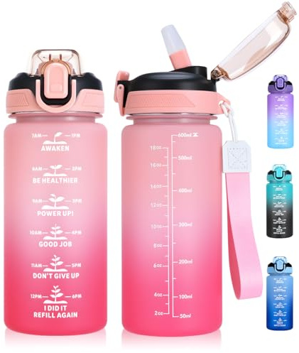 SUPPRUI Kids Water Bottle With Straw, 600ml Children Drinks for School, Leakproof BPA-Free Tritan Motivational Drink Bottles for Girls Boys (Pink)