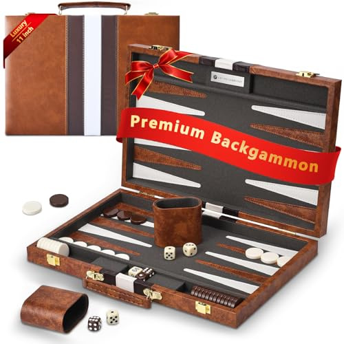 Backgammon-Set, 27,9 cm Backgammon-Sets mit Premium-Ledertasche, tragbares Brettspiel mit Acryl-Spielstücken und Holzwürfelbechern, Backgammon-Reise-Sets für Erwachsene und Kinder (Braun)