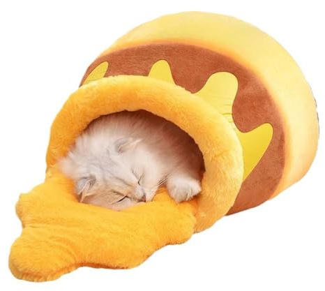 Honey Pot Cat Cave Bed | Soft & Thick Rebound Sponge Pet Nest with Removable Washable Cushion | Cute Cartoon Design for Small Cats & Dogs | Cozy & Comfortable Indoor Cat Bed (Yellow, M)