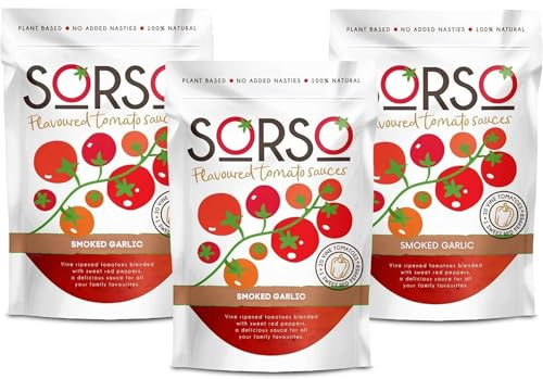 SORSO Smoked Garlic Tomato Sauce 3 x 330g Pouches | Vegan, No Added Sugar, Gluten-Free | Natural Italian Recipe | Made in London | Use for Pizza, Pasta, Ketchup, Dip or Soup | 98% Vine Tomatoes