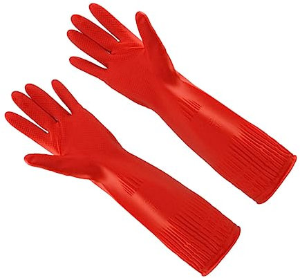 Vaguelly 1Pair Latex Dishwashing Gloves with Inner Plush Lining Kitchen Cleaning Mitts for Household Use Red Color Durable and Oil Protection for Hands