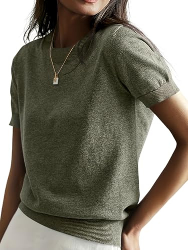 ORANDESIGNE Jersey Manga Corta Mujer Elegante Jersey Verano Jerséis Cuello Redondo Jersey Punto Fino Cuello Alto A Verde XXL
