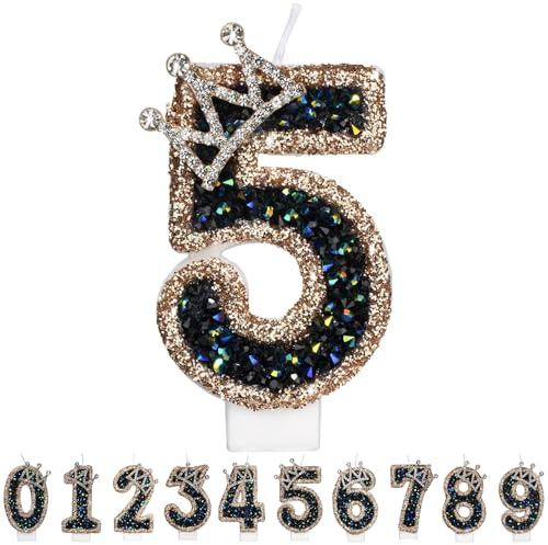 Gleemix Geburtstagskerzen Krone Zahlen 5, Schwarz Zahlenkerze Glitzernde, Cake Topper 5. Geburtstag für Geburtstag Party, Hochzeiten, Firmenfeiern, Jubiläen, Birthday Candle Nummer