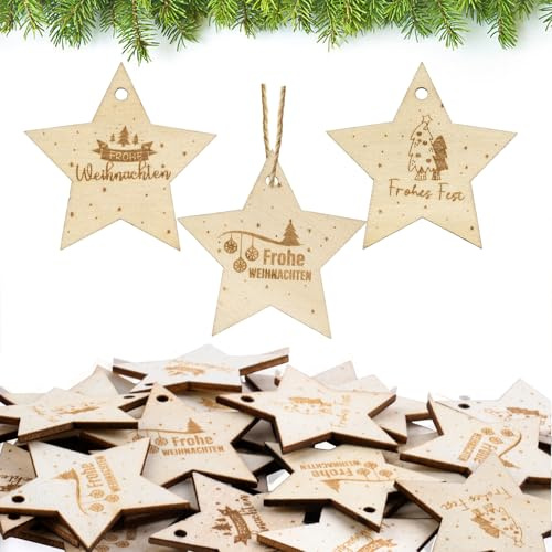 30 Stück Holzanhänger Weihnachten, Frohe Weihnachten Holzanhänger, Stern Weihnachtsanhänger Holz mit 5m Hanfseil, Holzanhänger Christbaumschmuck für Weihnachtsbaum und Weihnachtsbasteldekoration