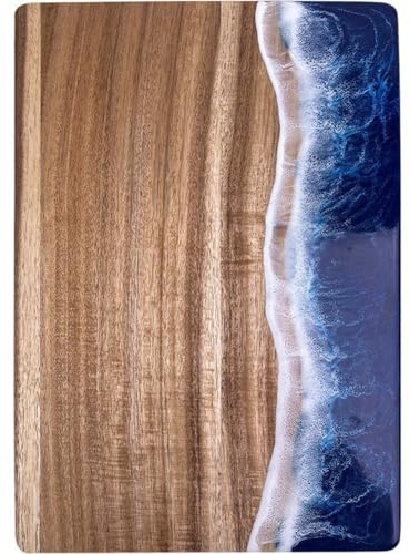 Lpitoy 1pc Wood Cutting Board Resin Rectangle with Wave Pattern Ocean Wooden Spliced Board for Gift Vegetable Meat Fruit, Kitchen Meal Prep Serving Tray