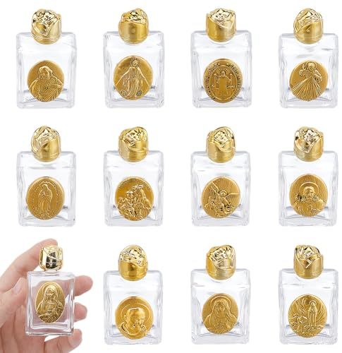 DELORIGIN 11 x Weihwasserflasche 0.5 ml (15 FL Oz) Mini Weihwasserbehälter Aus Geprägtem Glas Mit Goldener Kappe Durchsichtige Leere Nachfüllbare Halterflasche Für Die Kirche Und Familie